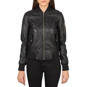 Blouson bomber en cuir véritable noir pour femme, coupe ajustée, en peau de mouton souple, vêtement d'extérieur décontracté pour l'hiver, manteau zippé en cuir véritable de qualité supérieure - Product Image 1