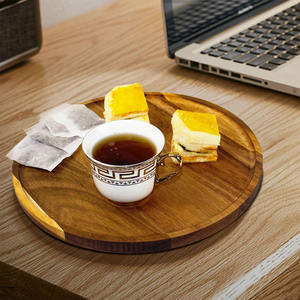 Plateau et plateau en bois d'acacia vintage de forme ronde pour servir le petit déjeuner café ou collations centre de table ou décor à la maison élégant - Product Image 5