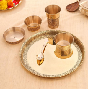 Brass Plate Set Cultural Event and Indian Wedding Gift Ayurvedic <b>Dinnerware</b> Gold Finished Kansa Thali for Home Dining Restaurant - Product Image 5