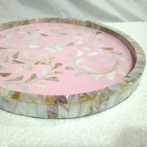 Handwoven Round MOP Rattan Serving <b>Tray</b> with Flower Mother of Pearl Inlay Decorative <b>Tray</b> for Coffee <b>Table</b> Storage <b>Trays</b> - Product Image 1