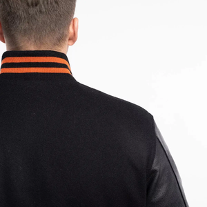 Men's Black Solid Color With Orange Trim Leather Sleeves Button Closure Casual Wear Regular <b>Fit</b> Turn-down Collar Varsity <b>Jacket</b> - Product Image 5