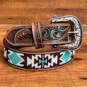 Fábrica al por mayor Casual aleación Pin hebilla mano Tooled cinturones de cuero hecho a mano con cuentas de lujo de las mujeres cinturones de cuero de vaca genuino - Product Image 3