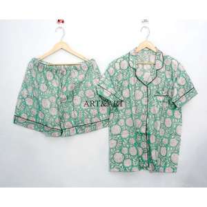 Conjunto de Pijama Corto de Algodón para Mujer, Cómodo y Transpirable, con Botones de Encaje, Estampado Indio a Mano, Pantalones Cortos de Pijama para Verano - Product Image 2