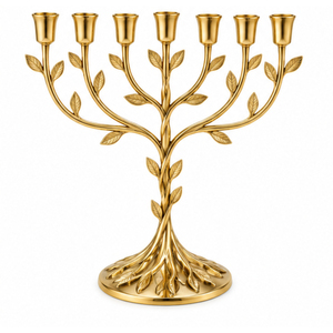 Menorah de 7 ramas dorada, de latón pulido, Árbol de la Vida, candelabro judío de metal, portavelas con rama de olivo para Hanukkah - Product Image 1