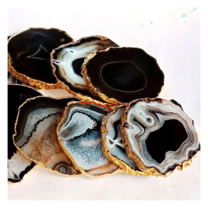 Luxury Natural Agate Slice Drink Coasters Tray Set Gold Plated Edges Decorative Crystal Coffee <b>Table</b> <b>Bar</b> Decor Reusable - Product Image 1