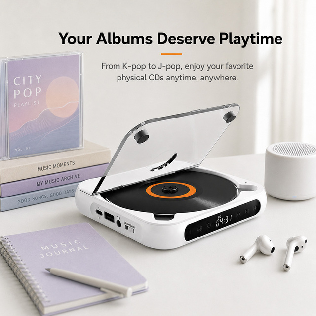 Clear Square Portable CD Player for Home HiFi Audio Desk Travel Rechargeable Custom Logo OEM Factory