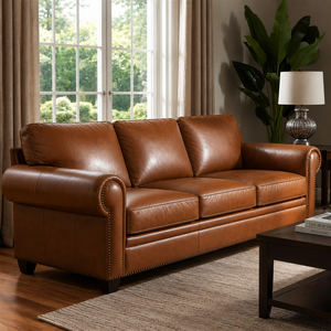 Hot Sales Mid Century Modern Genuine Leather <b>Sofa</b> 3 Seater Couch with Rolled Arms Nailhead Trim for Living Room - Product Image 1