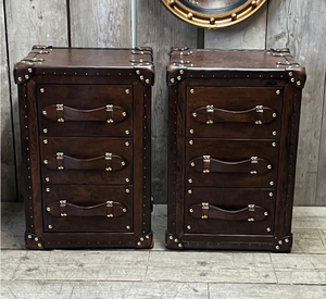 Vintage Brown Leather Trunk Drawer Cabinet Antique <b>Storage</b> <b>Chest</b> Brass Studded Bedside Table Home Furniture Set - Product Image 3