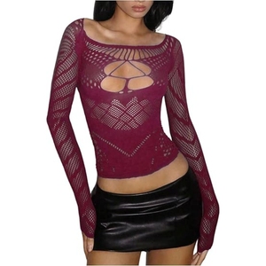 Women's Y2k <b>Fishnet</b> Mesh Shirt Hollow Out Long Sleeve Sexy Crop Top Concert Rave Outfits - Product Image 2