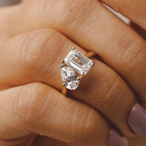 14k Yellow Gold Pear Emerald Diamond <b>Ring</b> 2.60CT Toi Et Moi Lab Grown <b>Two</b> <b>Stone</b> Solitaire Engagement <b>Ring</b> Classic Style - Product Image 3