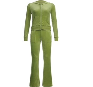 Green Color Women Velour <b>Tracksuit</b> With Pocket Cropped Flared Trouser Pant Velvet <b>Tracksuits</b> <b>Winter</b> Jogging Suit Set Breathable - Product Image 1