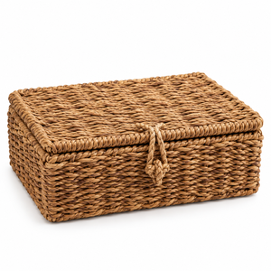 Boîte de rangement pour bijoux en jonc de mer tressé personnalisable avec couvercle à charnière et 6 compartiments pour rangement de coiffeuse – Vente en gros - Product Image 1
