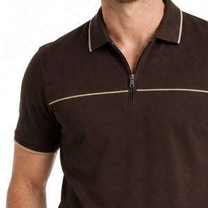 Polo marrón premium con ribete beige, camisa con cremallera de un cuarto para hombre, jersey deportivo de golf de secado rápido - Product Image 3