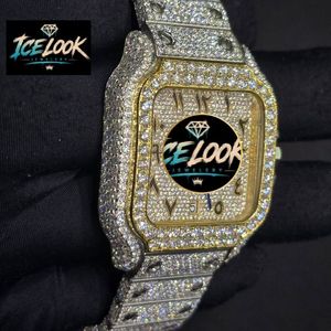 Reloj mecánico Ice Look con esfera cuadrada, incrustaciones de cristal, tono dorado, tono plateado, reloj falso para ropa de calle - Product Image 2