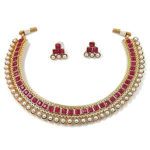 Parure Collier, Boucles d'Oreilles et Coiffe Plaqué Or avec Zircon, Perles d'Imitation, Micro-Incrustations Taille Brillante, Design Vintage, Bijoux pour Femme - Product Image 1