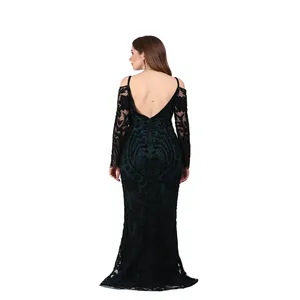 Robe longue de soirée élégante vert foncé à sequins, de luxe, à épaules dénudées, manches longues, ornée à la main, coupe sirène, pour soirée formelle et bal de promo - Product Image 2