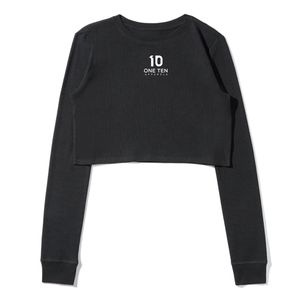 Camiseta térmica corta de manga larga para mujer, color negro fantasma, ajuste ceñido, acanalada, estilo casual urbano, para capas, suave y cálida - Product Image 1