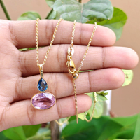 Collar de cadena de latón chapado en oro de 18k con colgante de piedras preciosas de cuarzo azul de Londres y cuarzo rosa, joyería de doble piedra de gran venta.