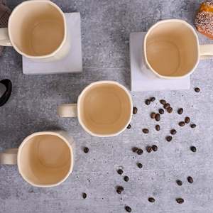 Ensemble de 4 tasses à thé en céramique beige, 200 ml, en grès émaillé à motifs floraux, avec plateau, compatibles micro-ondes, pour le camping - Product Image 2