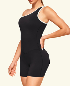 Combinaison de yoga asymétrique noire sans manches pour femme, taille haute, effet ventre plat, moulante, couleur unie, bretelles spaghetti - Product Image 1