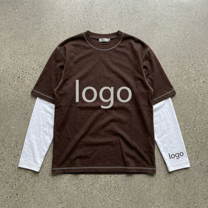 Camiseta de hombre extragrande con capas, logotipo personalizado, 100% algodón, doble manga, estilo urbano, OEM, venta al por mayor, informal, 2 en 1 - Product Image 1