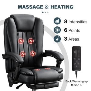Chaise de bureau de direction avec vibration 6V et chaleur, dossier inclinable, accoudoirs rembourrés, repose-pieds massant – Confort optimal - Product Image 4