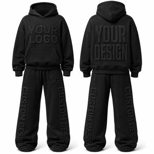 Ensemble deux pièces en molleton brossé double face avec taille élastique et épaules tombantes, logo imprimé en relief personnalisé, fabrication OEM - Product Image 3