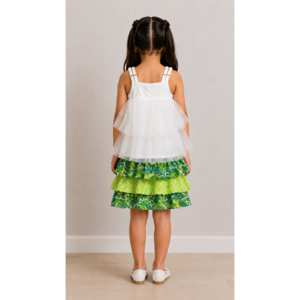 Top para niñas con falda de algodón, blanco y verde lima, sin mangas, totalmente bordado, poliéster - Product Image 4
