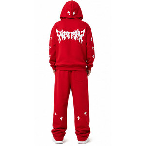 Conjunto Deportivo Unisex Rojo, Sudadera con Capucha, Manga Larga, Algodón, Estampado de Letras, Patrón Cruzado, Corte Holgado, Ropa de Otoño - Product Image 3