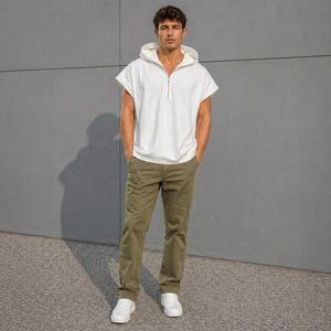 Sudadera sin mangas con capucha y cremallera de un cuarto para hombre, gris liso, ajuste casual, largo regular, 100% algodón, felpa francesa, transpirable - Product Image 6