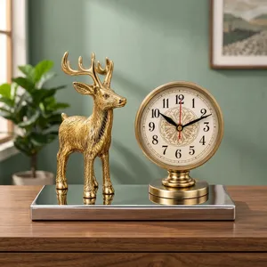 Metal Deer Figurine with Vintage Table <b>Clock</b> on <b>Mirrored</b> Metal Base Antique Brass Finish Home Decor Showpiece - Product Image 1