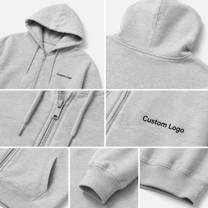 Sweat à capuche gris personnalisé à fermeture éclair intégrale en molleton de coton épais avec logo brodé, coupe classique, style streetwear, poche kangourou, OEM ODM, unisexe - Product Image 4