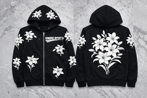 เสื้อฮู้ดดี้ผ้าฝ้ายคุณภาพสูง พิมพ์ลายดอกกลาเดียโลอาสีขาวแบบพัฟฟ์  ซิปสีดำ  รับผลิตแบบ OEM - Product Image 2