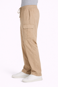 <b>Men</b>’s Khaki Cargo Pants <b>with</b> <b>Elastic</b> Drawstring <b>Waist</b> – Relaxed Fit Casual Utility <b>Trousers</b> <b>with</b> Side Flap Pockets, Lightweight - Product Image 2