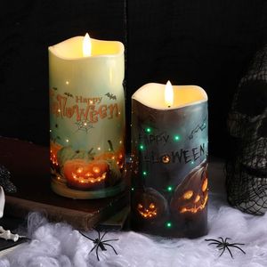 Eywamage Lot de 2 bougies LED citrouille effrayantes pour Halloween, à piles, télécommandées, sans flamme, à fibres optiques - Product Image 2