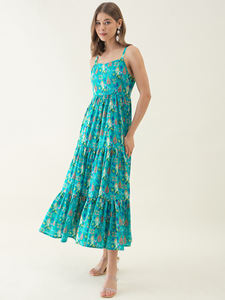 Vestido Maxi con Estampado Floral Azul Verde Azulado de Diseñador, con Volantes, para Uso Diario y Viajes, Disponible a Precio de Mayoreo - Product Image 3