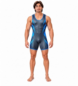 <b>Men's</b> Blue Black Sleeveless Compression Singlet Scoop Neck Spandex Nylon <b>Wetsuit</b> All Seasons Breathable Seamless Print Design - Product Image 1