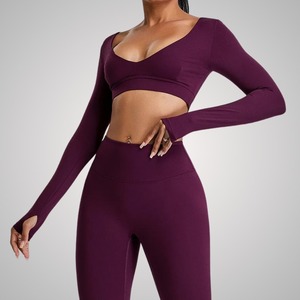 Women Yoga Set Long Sleeve V-Neck Crop Scrunch Back Shorts Activewear - Product Image 2