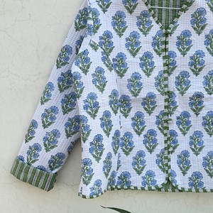 Blazer à imprimé floral pour femmes, col en V, manches trois quarts, veste en coton tissé, vêtements d'extérieur - Product Image 3