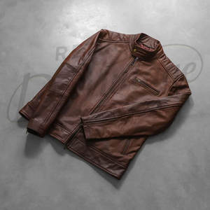 Chaqueta de Cuero Genuino Marrón Desgastado para Hombre - Chaqueta de Motero de Cuero Vacuno Auténtico Estilo Antiguo de Corte Ajustado para Hombre - Product Image 2