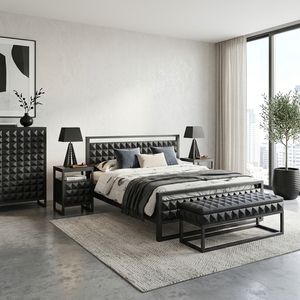 Dice Black Metal Eco-Friendly <b>Space</b>-<b>Saving</b> Modern Geometric Diamond Pattern Platform <b>Bed</b> Frame 3D Textured Headboard Hotel - Product Image 4