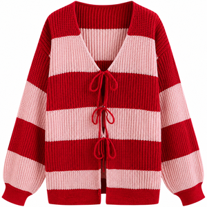 Cárdigan de Punto a Rayas Rojo y Rosa para Mujer, Cuello Redondo, Manga Regular, Otoño, Antipilling, Grueso, Informal, 100% Acrílico - Product Image 5