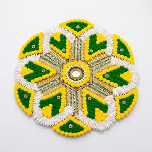 Décoration de sol Rangoli traditionnelle en feutre non tissé en métal fait main en forme de fleur pour Diwali, baptême, décoration intérieure, vert et jaune - Product Image 4