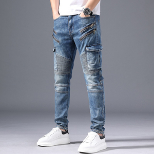 Jean en denim pour homme, coupe slim, respirant, style motard, avec poches zippées, en coton délavé, style cargo, taille mi-haute, imprimé brodé, collection automne - Product Image 3