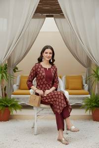 Conjunto de Kurta y Pantalón Recto de Algodón Estampado Color Granate, Cuello Redondo, Largo hasta la Pantorrilla, Traje Étnico para Uso Diario para Mujer, Tallas M, L, XL, XXL - Product Image 2