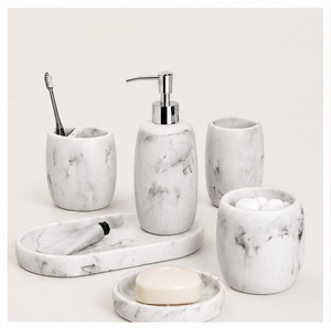 Ensemble d'accessoires de salle de bain de luxe en résine aspect marbre blanc, 6 pièces, décoration de salle de bain d'hôtel, y compris distributeur de savon, porte-brosse à dents - Product Image 5