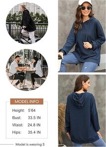 Sweat-shirt à capuche surdimensionné pour femme, couleur unie, tricot côtelé, manches longues, ourlet asymétrique, design avec poche, vêtements d'automne - Product Image 4