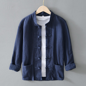 Camisa de primavera para hombre, informal, de manga larga, de algodón y lino, tejido dobby, transpirable, con cuello alto y ajuste holgado. - Product Image 4