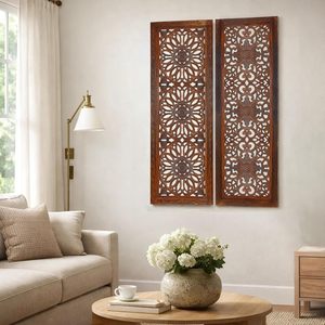Juego de 2 Paneles Decorativos de Pared de Madera de Mango, Tallado de Medallón Rectangular, Color Marrón Quemado, Decoración para el Hogar - Product Image 4