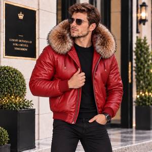 Men's Leather <b>Fox</b> <b>Fur</b> Hood Winter Jacket | Chaqueta de Cuero para Hombre | Veste Cuir Motard Homme, Sheep Leather Jacket - Product Image 1